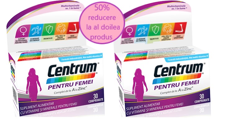 CENTRUM FEMEI A-ZINC 30 COMPRIMATE + 30 COMPRIMATE PROMO 50% DIN AL DOILEA Centrum imagine teramed.ro