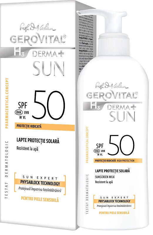 GEROVITAL H3 DERMA+ SUN 46760 LAPTE PROTECTIE SOLARA SPF50 150ML Pret Mic Gerovital imagine noua